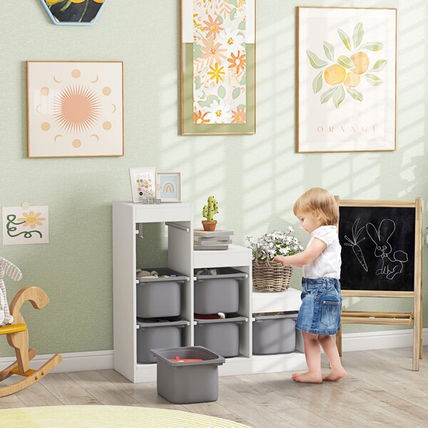 ZONEKIZ Mobiletto Scaffale a 3 livelli Portagiochi con 9 Cestini Rimovibili in MDF e Tessuto, per 3-8anni, 63x30x60cm, Grigio e Bianco|Aosom Italy
