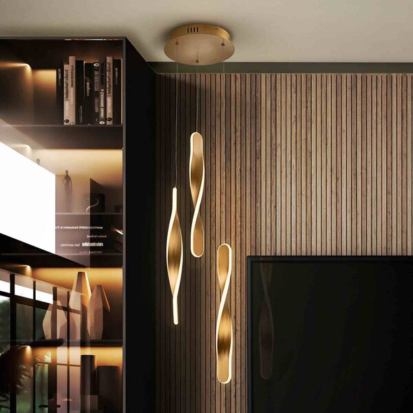 Schuller Valencia Lampada a sospensione Twist, 3 luci. Alluminio, metallo, acrilico, color dimmerabile, Ottone / Oro, Soggiorno / Sala da pranzo, Alluminio