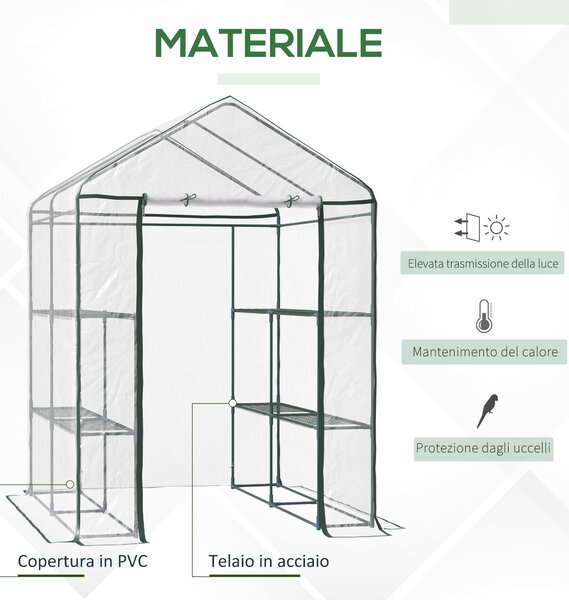 Outsunny Serra da Giardino in PVC Trasparente con cerniera e Ripiani, Serra da Balcone con Scaffali per Piante Orto,1.43 x 1.43 x 1.95m | Aosom Italy