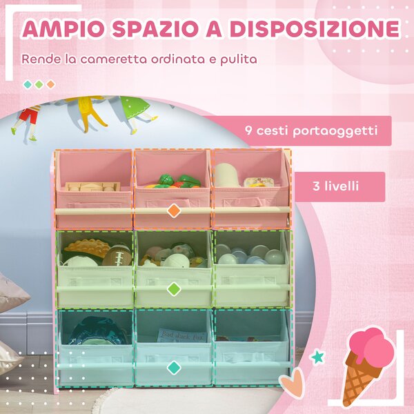 ZONEKIZ Mobiletto Portagiochi con 9 Cestini Rimovibili in Legno e Tessuto, 63x30x60 cm, Rosa e Bianco | Aosom Italy