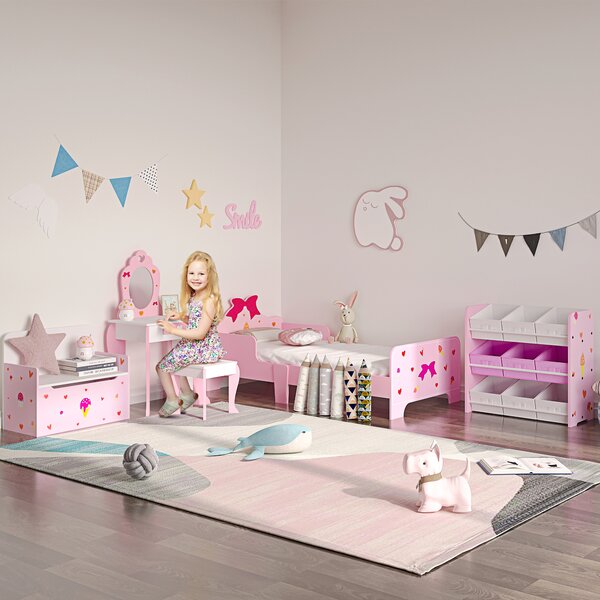 ZONEKIZ Mobiletto Portagiochi con 9 Cestini Rimovibili in Legno e Tessuto, 63x30x60 cm, Rosa e Bianco | Aosom Italy