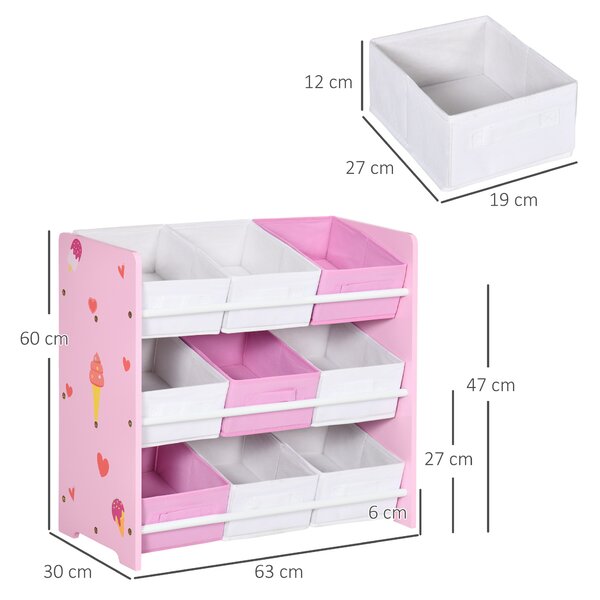 ZONEKIZ Mobiletto Portagiochi con 9 Cestini Rimovibili in Legno e Tessuto, 63x30x60 cm, Rosa e Bianco | Aosom Italy