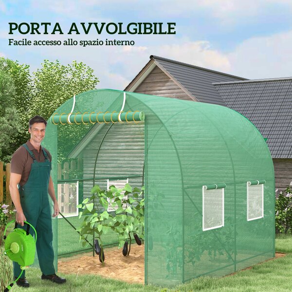 Outsunny Serra da Giardino Telaio in Tubo d'Acciaio Verniciato a Polvere 2 Rinforzi Diagonali 4 Finestre in PE 2.45x2x1.98m|Aosom