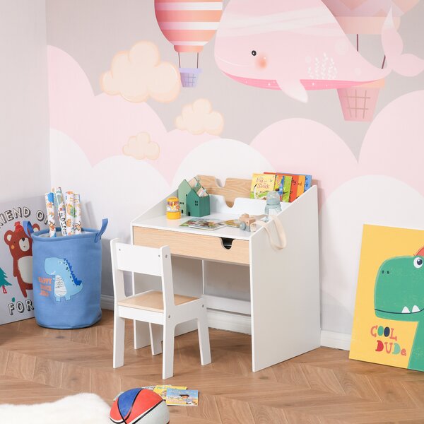 HOMCOM Set Scrivania e Sedia per Bambini con Cassetto e Scaffale, Bordi Arrotondati, Età 6-10 Anni, Bianco e Legno | Aosom Italy