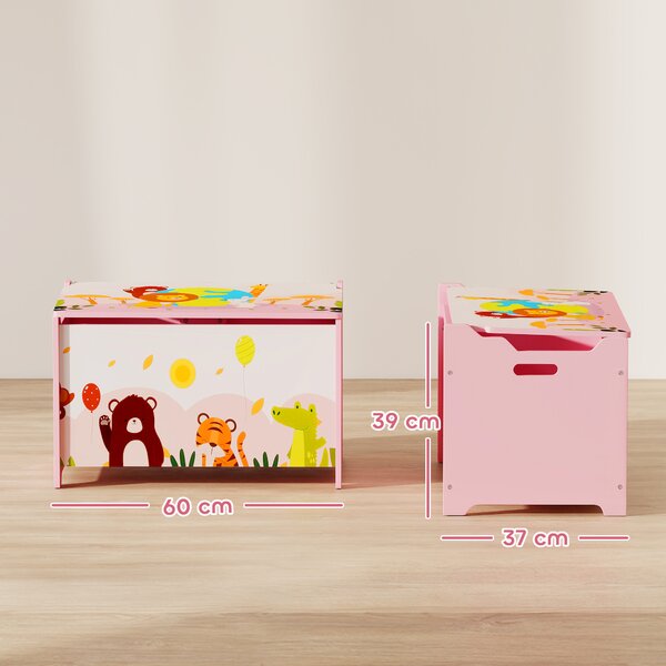 AIYAPLAY Baule Portagiochi per Bambini con Cerniere di Sicurezza in Legno con Disegni di Animali, 60x37x39 cm, Rosa | Aosom Italy