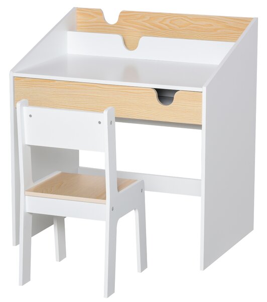 HOMCOM Set Scrivania e Sedia per Bambini con Cassetto e Scaffale, Bordi Arrotondati, Età 6-10 Anni, Bianco e Legno | Aosom Italy