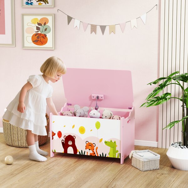 AIYAPLAY Baule Portagiochi per Bambini con Cerniere di Sicurezza in Legno con Disegni di Animali, 60x37x39 cm, Rosa | Aosom Italy
