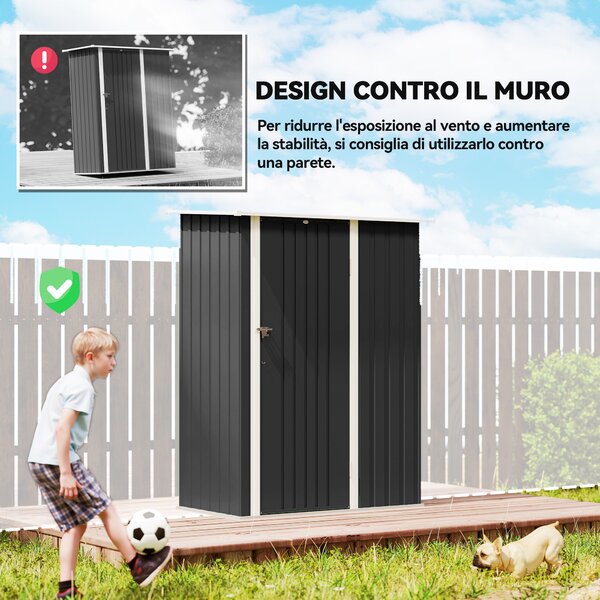 Outsunny Capanno Porta Attrezzi in Metallo con Tetto Inclinato e Porta Bloccabile, 142x86x189 cm, Grigio Scuro | Aosom Italy