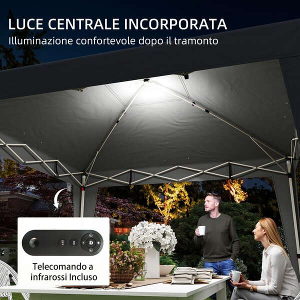 Outsunny Gazebo 3x3 m Pieghevole ad Altezza Regolabile con Luce Centrale e Telecomando, in Metallo e Poliestere, Nero | Aosom Italy