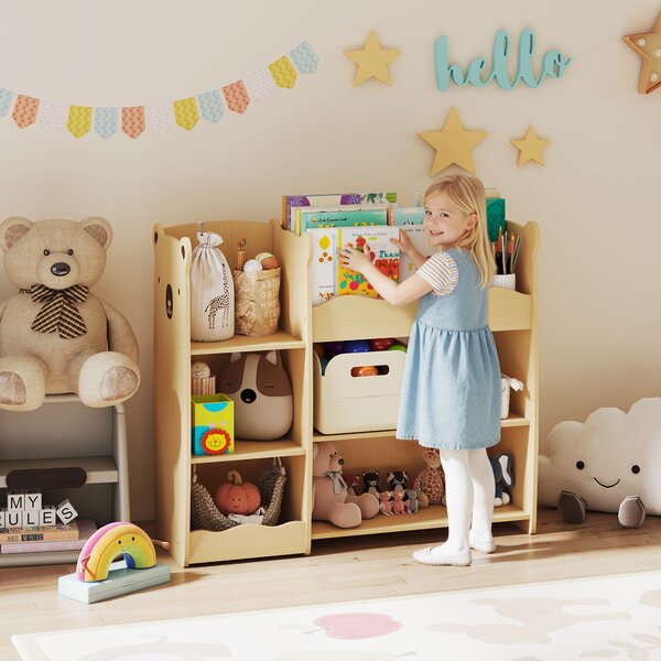 AIYAPLAY Scaffale Portagiochi per Bambini 3-8 Anni con Ripiani Aperti e Scomparti, in Legno, 92x29x79 cm, color Legno | Aosom Italy