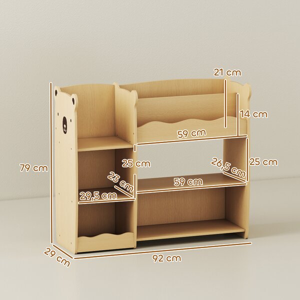 AIYAPLAY Scaffale Portagiochi per Bambini 3-8 Anni con Ripiani Aperti e Scomparti, in Legno, 92x29x79 cm, color Legno | Aosom Italy
