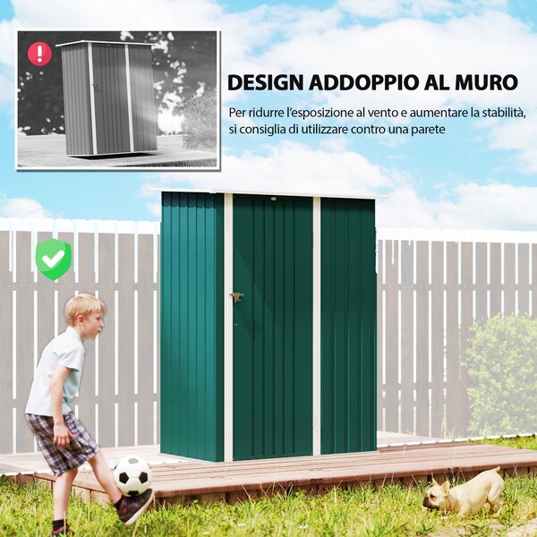 Outsunny Casetta da Giardino con Tetto Inclinato e Porta Bloccabile, Capanno Porta Attrezzi in Metallo, 142x86x189 cm, Verde | Aosom Italy