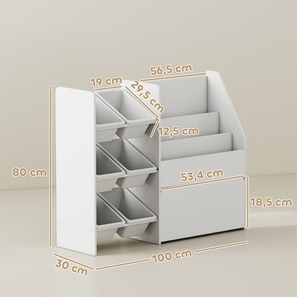 AIYAPLAY Scaffale Portagiochi con 6 Cesti, 3 Ripiani e Box Inferiore, in Legno, Plastica e Acciaio, 100x30x80 cm, Bianco | Aosom Italy