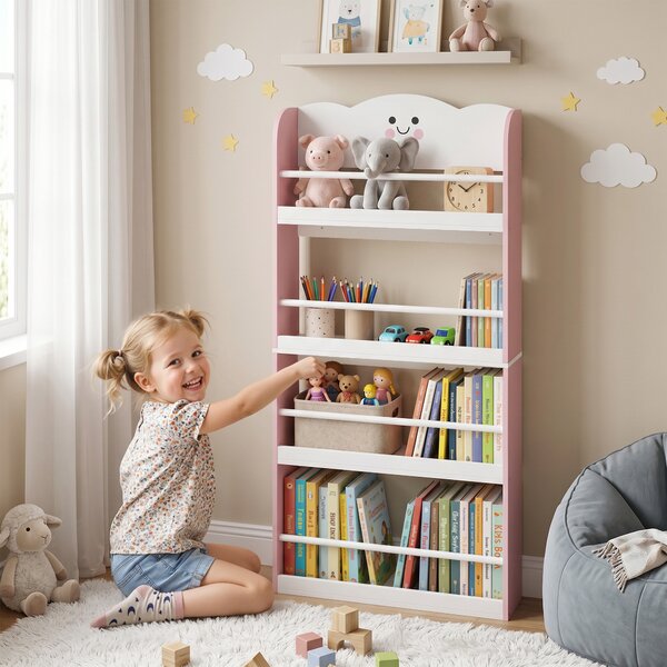 AIYAPLAY Libreria Montessoriana per Bambini 3-6 Anni con Tema Zucchero Filato, 4 Ripiani in Legno, per Cameretta, Rosa | Aosom Italy