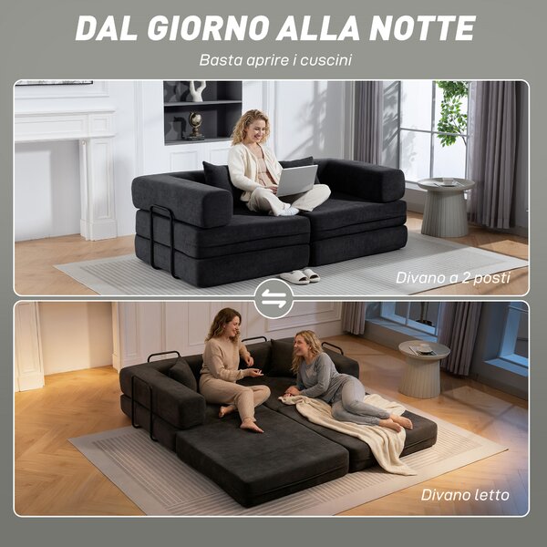 HOMCOM Divano Letto 2 Posti Pieghevole in Ciniglia con 2 Cuscini, Braccioli Larghi, Nessun Montaggio, Grigio Scuro | Aosom Italy