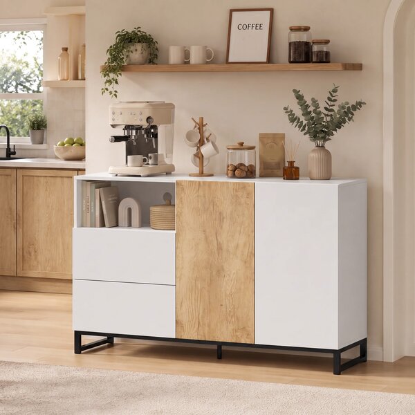 HOMCOM Madia credenza moderna con ripiano aperto, 140 cm, bianco e rovere | Aosom Italy