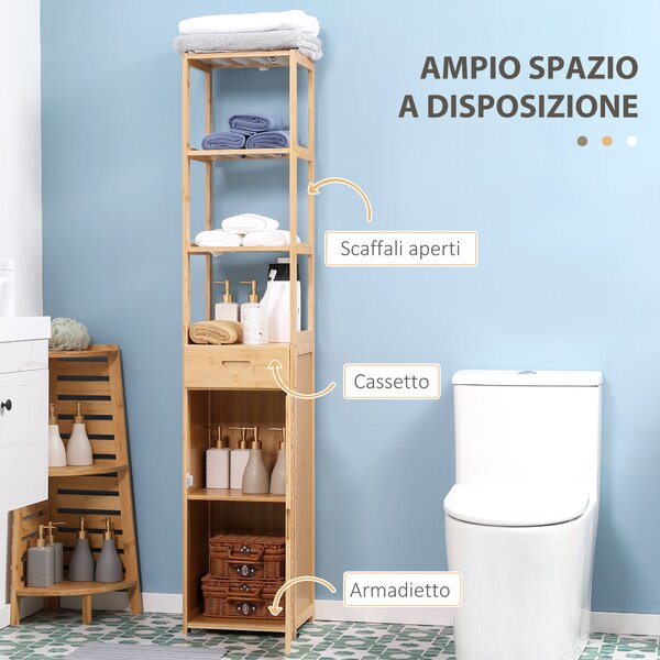 Kleankin Mobile Colonna Bagno con Armadietto, Cassetto e 3 Ripiani Aperti, in Bambù, 32x30x163 cm, Color Legno|Aosom
