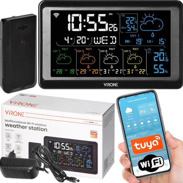 VIRONE | Stazione Meteo WS-6 - Wi-Fi - Nera - Multifunzione - App Mobile
