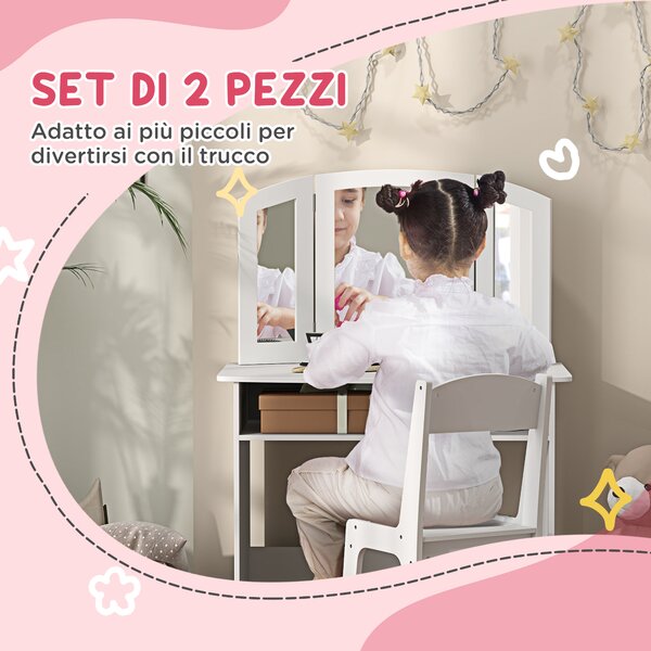 AIYAPLAY Set da Trucco per Bambini con Tavolo Toeletta con Specchio Triplo Rimovibile e Sedia in Legno Bianco