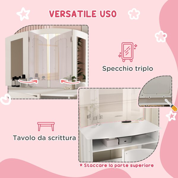 AIYAPLAY Set da Trucco per Bambini con Tavolo Toeletta con Specchio Triplo Rimovibile e Sedia in Legno Bianco