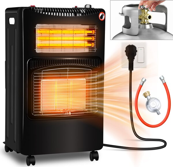 Riscaldatore a gas ibrido Clanmacy 4200W incl. set regolatore di pressione del gas - riscaldatore elettrico stufa a gas a infrarossi, riscaldatore radiante riscaldatore a gas bombole di gas butano e propano e collegamento elettrico