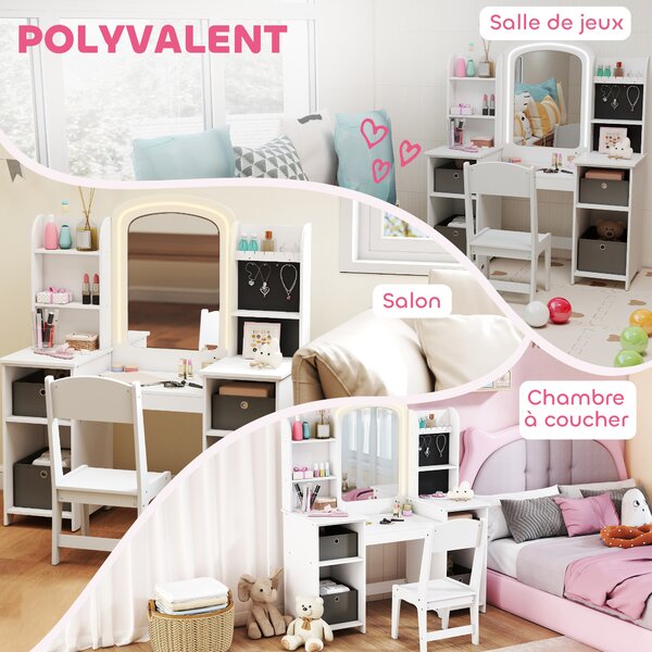AIYAPLAY Toeletta per Bambini con Sgabello e Specchio LED, Tavolo trucco per 3–8 anni, 104x40x112 cm, Bianco | Aosom Italy