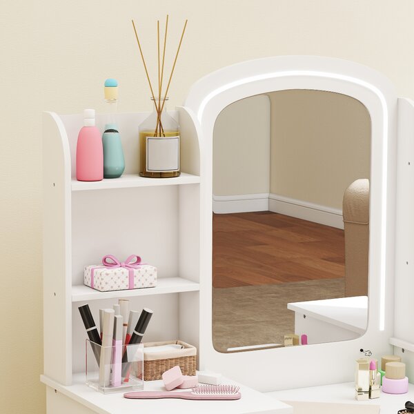 AIYAPLAY Toeletta per Bambini con Sgabello e Specchio LED, Tavolo trucco per 3–8 anni, 104x40x112 cm, Bianco | Aosom Italy