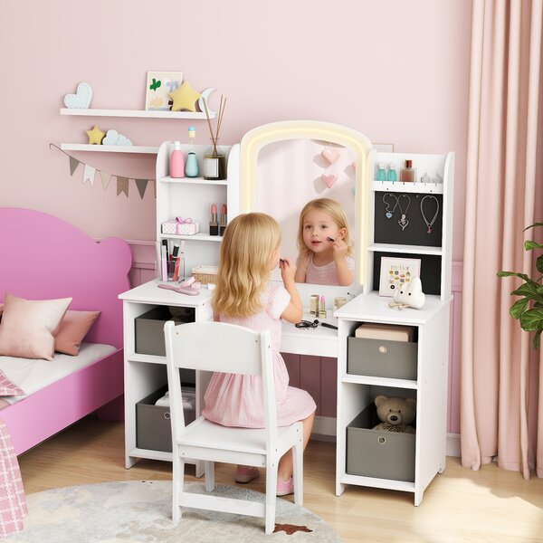 AIYAPLAY Toeletta per Bambini con Sgabello e Specchio LED, Tavolo trucco per 3–8 anni, 104x40x112 cm, Bianco | Aosom Italy
