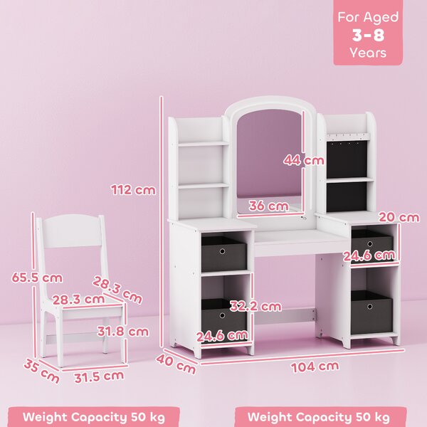 AIYAPLAY Toeletta per Bambini con Sgabello e Specchio LED, Tavolo trucco per 3–8 anni, 104x40x112 cm, Bianco | Aosom Italy