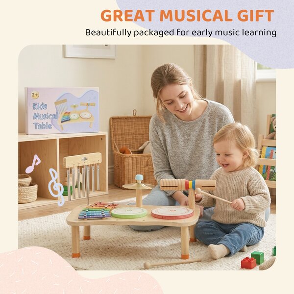 AIYAPLAY Strumenti Musicali per Bambini in Legno con Tamburo e Xilofono Doppia, 40x24x29 cm, Legno naturale | Aosom Italy