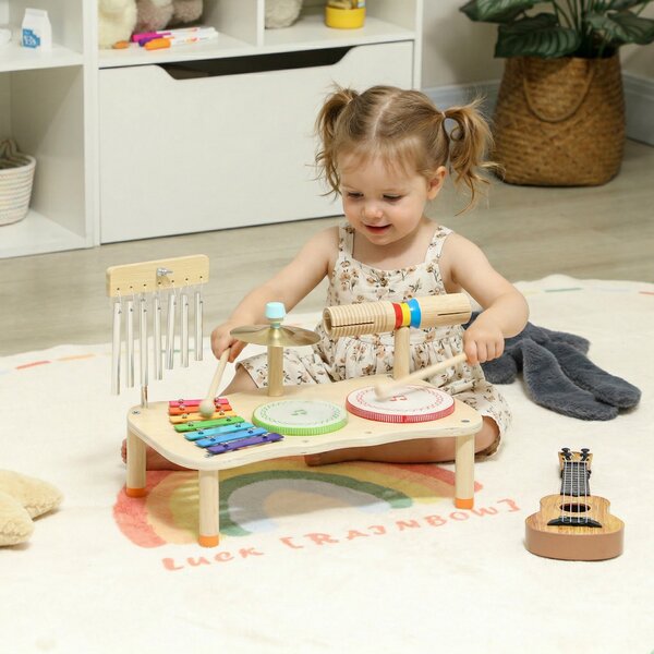 AIYAPLAY Strumenti Musicali per Bambini in Legno con Tamburo e Xilofono Doppia, 40x24x29 cm, Legno naturale | Aosom Italy