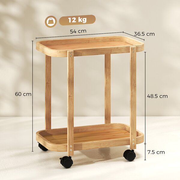 HOMCOM Carrello da Cucina a 2 Livelli in Bambù con Ruote, 54x36.5x60 cm, Legno Naturale | Aosom Italy