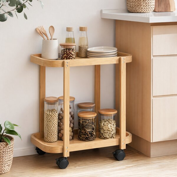 HOMCOM Carrello da Cucina a 2 Livelli in Bambù con Ruote, 54x36.5x60 cm, Legno Naturale | Aosom Italy