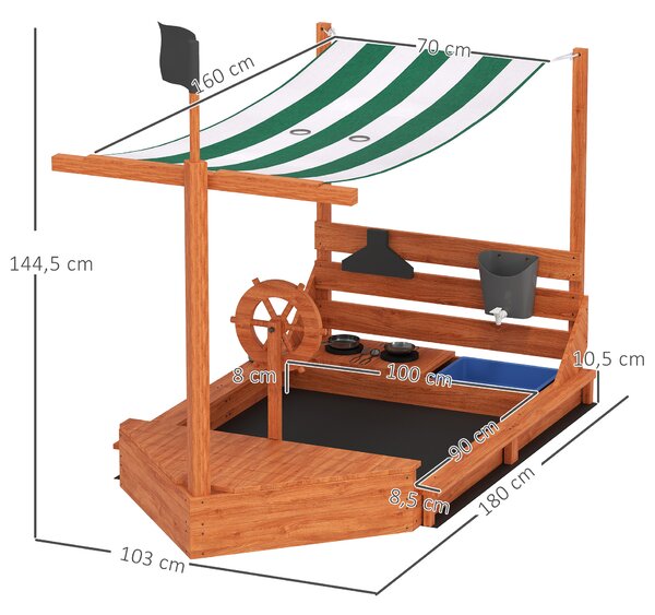 Outsunny Sabbiera con Tetto Parasole a Forma di Nave Pirata in Legno Massiccio, 180x103x144,5 cm, Verde | Aosom Italy