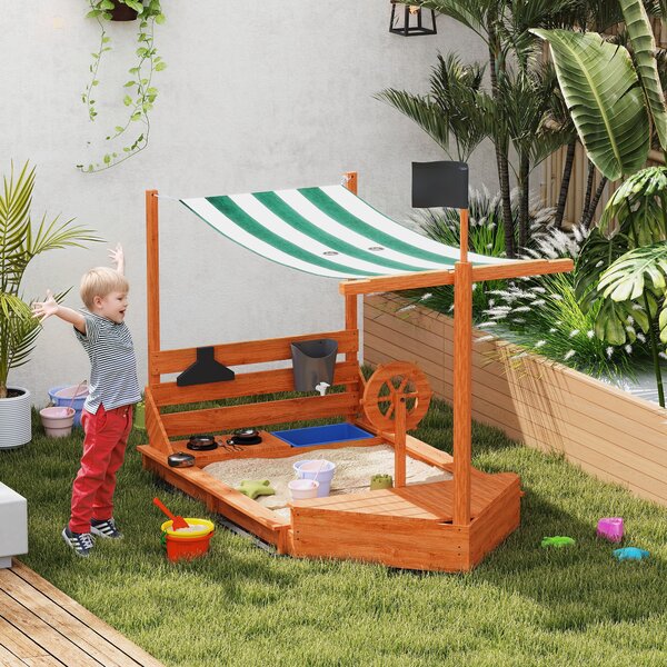 Outsunny Sabbiera con Tetto Parasole a Forma di Nave Pirata in Legno Massiccio, 180x103x144,5 cm, Verde | Aosom Italy