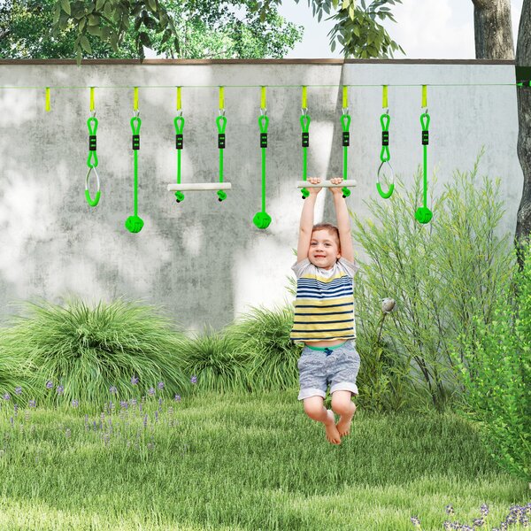 AIYAPLAY Zipline 7 pezzi per Bambini, Percorso ad Ostacoli Ninja carico 50 kg, 1000x5x0.18 cm, Verde | Aosom Italy