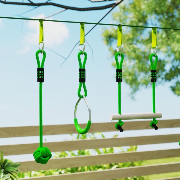 AIYAPLAY Zipline 7 pezzi per Bambini, Percorso ad Ostacoli Ninja carico 50 kg, 1000x5x0.18 cm, Verde | Aosom Italy