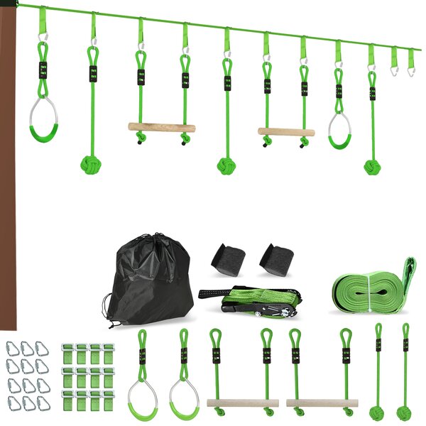 AIYAPLAY Zipline 7 pezzi per Bambini, Percorso ad Ostacoli Ninja carico 50 kg, 1000x5x0.18 cm, Verde | Aosom Italy