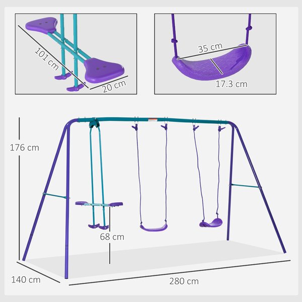 Outsunny Altalena da Giardino con 2 Altalene e Dondolo, Altezza Regolabile in Metallo, 280x140x176 cm, Viola e Blu | Aosom Italy