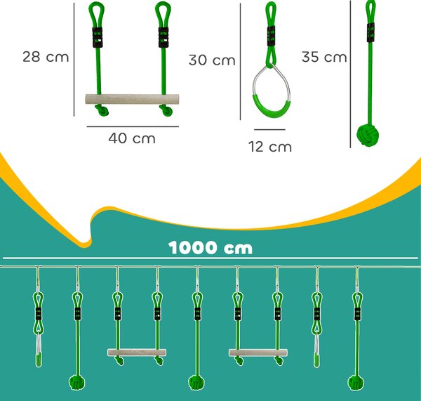 AIYAPLAY Zipline 7 pezzi per Bambini, Percorso ad Ostacoli Ninja carico 50 kg, 1000x5x0.18 cm, Verde | Aosom Italy