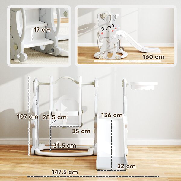 AIYAPLAY 4 in 1 Altalena e Scivolo con Altalena, Parapetto e Canestro per Bambini, 147.5x160x107 cm, Grigio | Aosom Italy