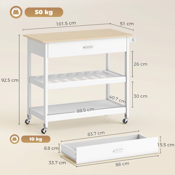 HOMCOM Carrello da Cucina con Cassetto e 2 Ripiani Aperti, Isola Mobile con porta-asciugamani e spazio di stoccaggio, 108,8x51x92,5 cm, Bianco | Aosom Italy