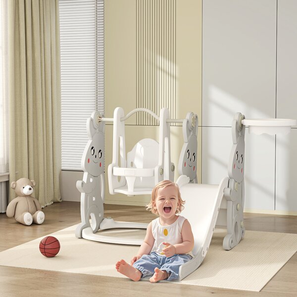 AIYAPLAY 4 in 1 Altalena e Scivolo con Altalena, Parapetto e Canestro per Bambini, 147.5x160x107 cm, Grigio | Aosom Italy