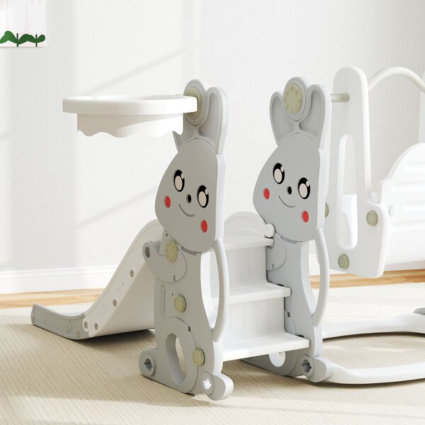 AIYAPLAY 4 in 1 Altalena e Scivolo con Altalena, Parapetto e Canestro per Bambini, 147.5x160x107 cm, Grigio | Aosom Italy
