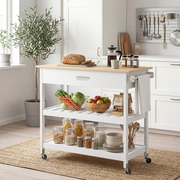 HOMCOM Carrello da Cucina con Cassetto e 2 Ripiani Aperti, Isola Mobile con porta-asciugamani e spazio di stoccaggio, 108,8x51x92,5 cm, Bianco | Aosom Italy