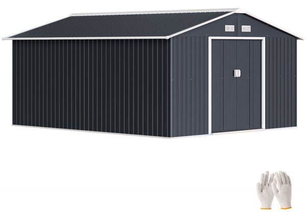 Outsunny Capanno da Giardino con Doppie Porte Scorrevoli e 4 prese d'aria, Casetta Attrezzi in Acciaio, 340x386x200 cm, Grigio | Aosom Italy