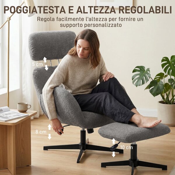 HOMCOM Poltrona Girevole con Poggiapiedi, Regolabile in Altezza con Poggiatesta Regolabile, Funzione Dondolo, Grigio | Aosom Italy