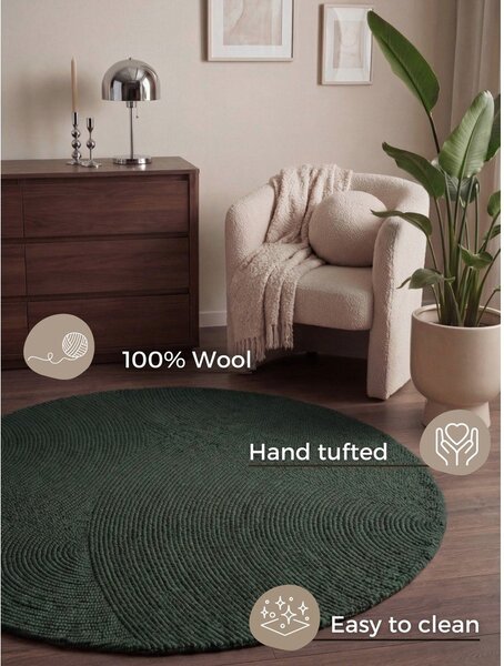 Tappeto rotondo verde scuro in lana tessuto a mano ø 150 cm Calmio – Hanse Home