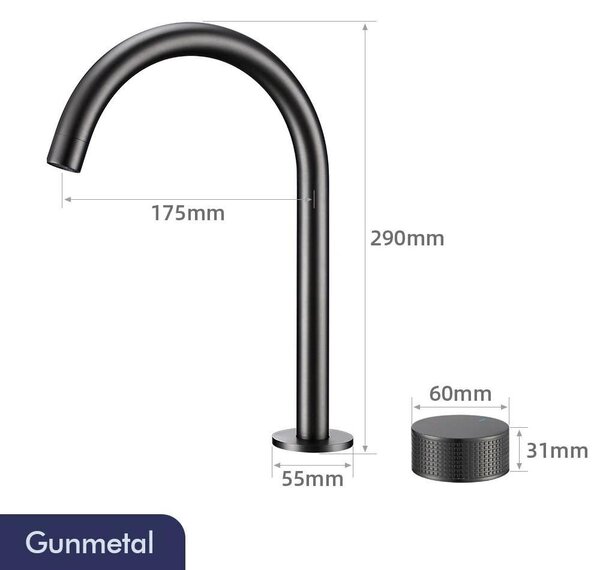 Miscelatore per lavabo - Miscelatore da bagno a 2 fori - Bocchetta girevole a 360° - Miscelatore a due manopole - Rubinetteria in ottone senza piombo, finitura spazzolata - Attacco G1/2 - Set composto da 2 pezzi - Grigio gunmetal