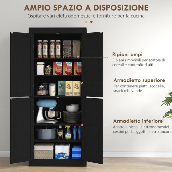 HOMCOM Mobile Cucina Alto con 6 Ripiani Regolabili e 4 Ante in Legno, 76x40.5x184 cm, Nero | Aosom Italy
